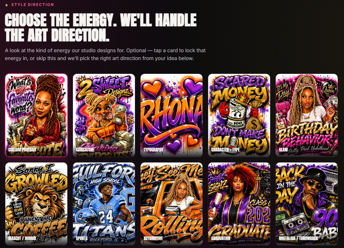 2Sweet Urban Airbrush Studio interface showing the Energy / art direction category picker, with cards for Custom Portrait, Caricature, Typography, Character + Type, Glam, Mascot / Humor, Sports, Automotive, Graduation and Nostalgia / Throwback.