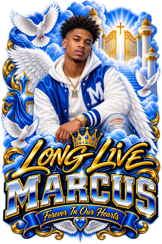 Refined Long Live Marcus memorial artwork after the revision request, with a more realistic portrait while the composition, colors and typography stayed the same.