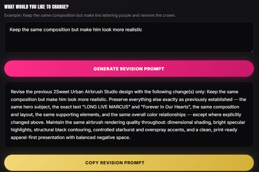 2Sweet Urban Airbrush Studio Revision Prompt feature showing the request 'Keep the same composition but make him look more realistic' and the detailed revision prompt the Studio generated in response.